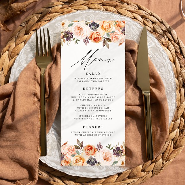 Cartão De Menu De Casamento Floral De Queda De Águ (Criador carregado)