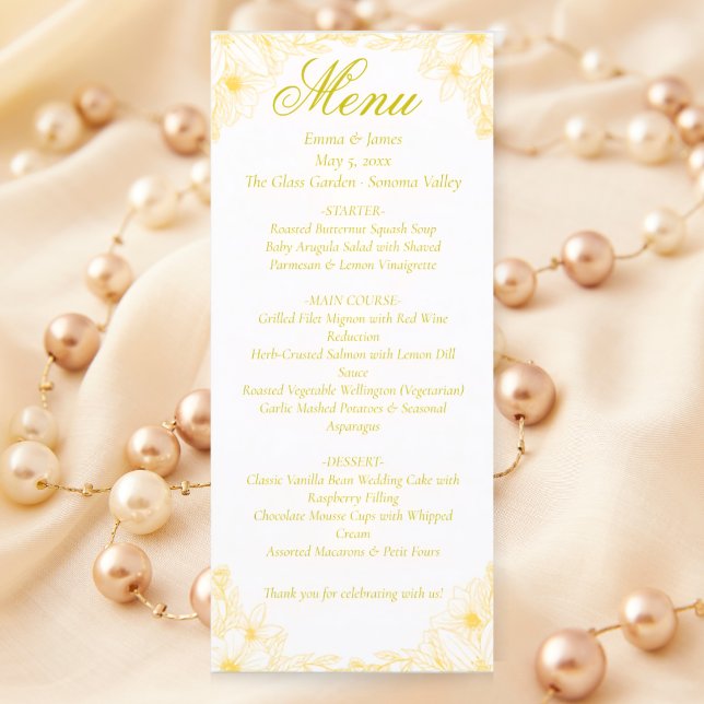 Cartão de Menu de Casamento Floral Dourado de Luxo (Criador carregado)