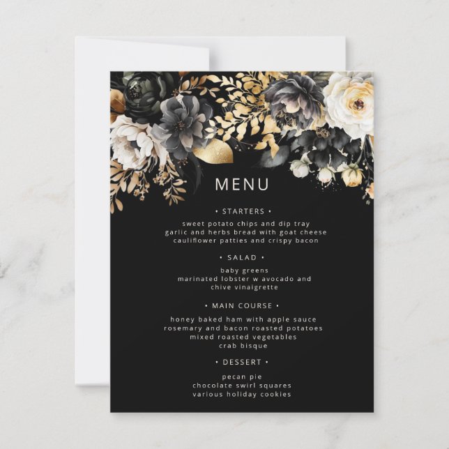 Cartão de Menu de Casamento Floral Dourado Luxo Pr (Frente)