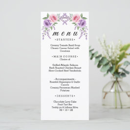 Cartão de Menu de Casamento Floral Lavanda e Rosa