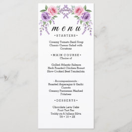 Cartão de Menu de Casamento Floral Lavanda e Rosa