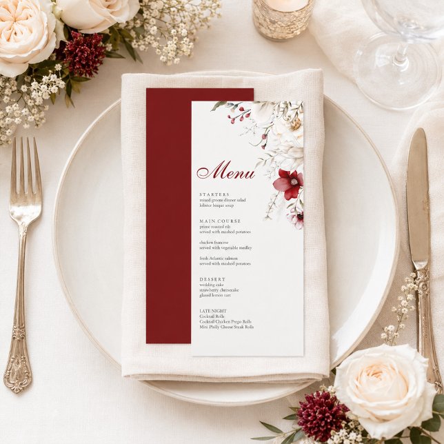 Cartão de Menu de Casamento Floral Marfim com Vers (Burgundy Back Ivory Floral Wedding Menu Card)
