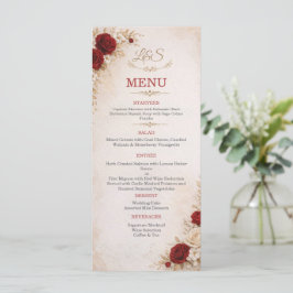 Cartão de Menu de Casamento Floral Marfim e Vermel