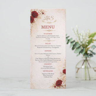 Cartão de Menu de Casamento Floral Marfim e Vermel
