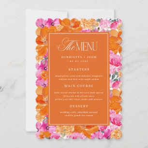 Cartão de Menu de Casamento Floral Rosa e Laranja 