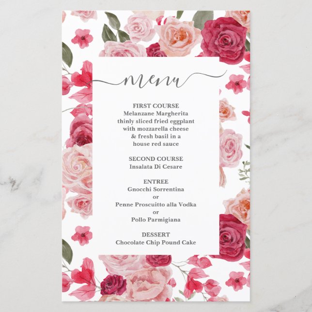 Cartão de Menu de Casamento Floral Rosa Magenta (Frente)