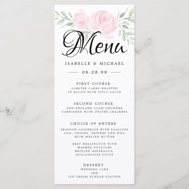 Cartão de Menu de Casamento Floral Rosa Rosa Rosa  (Frente)