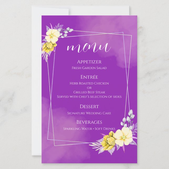 Cartão de Menu de Casamento Floral Roxo (Frente)