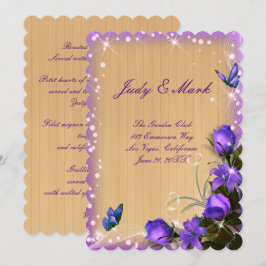 Cartão de Menu de Casamento Floral Roxo de Madeira