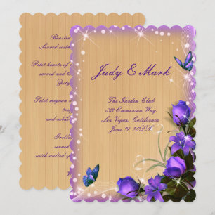 Cartão de Menu de Casamento Floral Roxo de Madeira