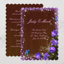 Cartão de Menu de Casamento Floral Roxo de Madeira