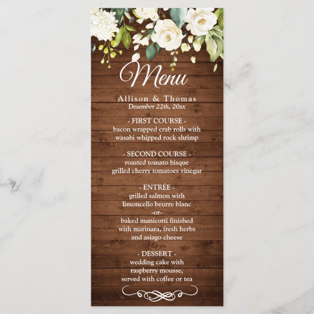 Cartão de Menu de Casamento Floral Russo de Madeir (Frente)