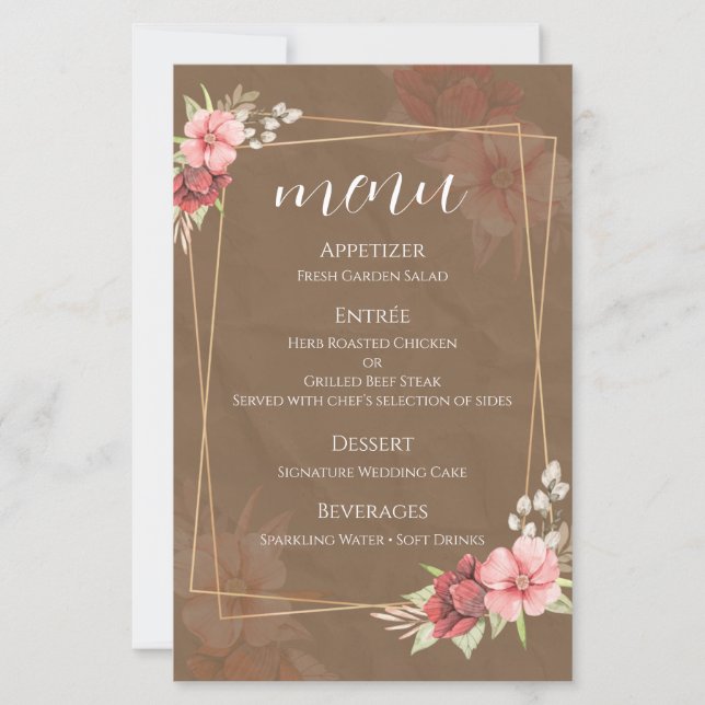 Cartão de Menu de Casamento Floral Rústico (Frente)