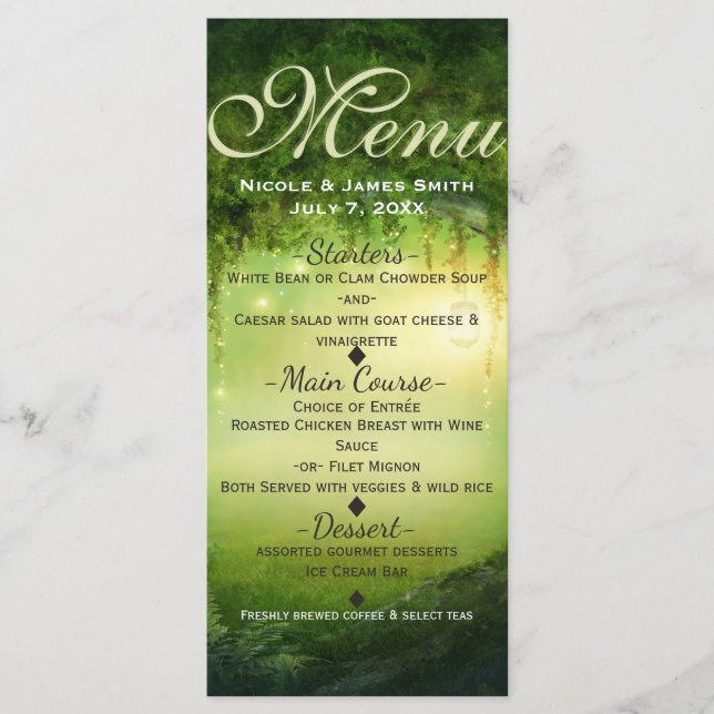 Cartão de Menu de Casamento Floresta Encantada & L (Frente)