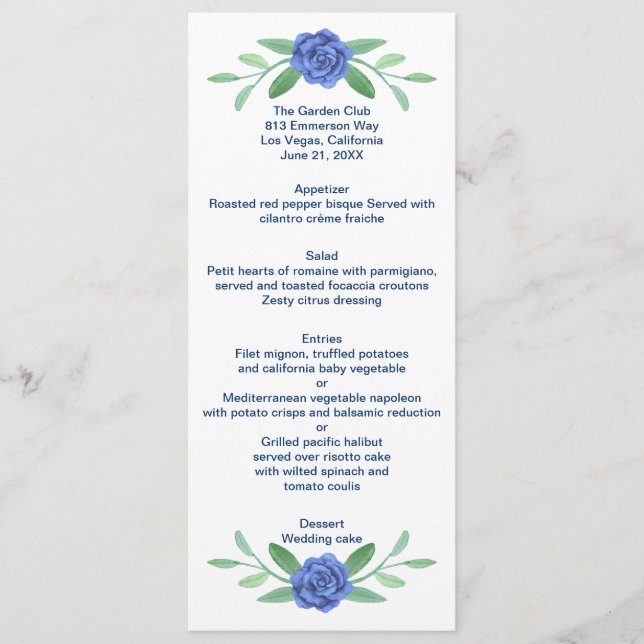 Cartão de Menu de Casamento Foliar Floral Azul (Frente)