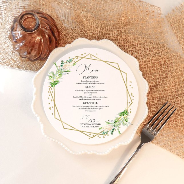 Cartão de Menu de Casamento Geométrico com Vegetaç (Criador carregado)