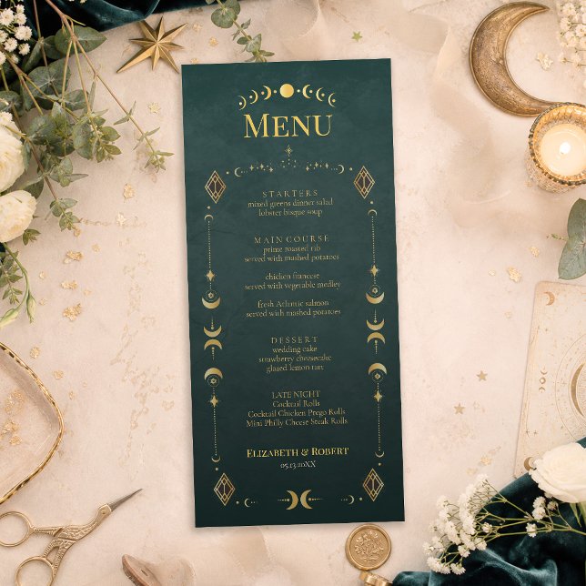 Cartão de Menu de Casamento Gótico Celestial em Az (Celestial Gothic Dark Teal Wedding Menu Card with celestial wedding decor and flowers)