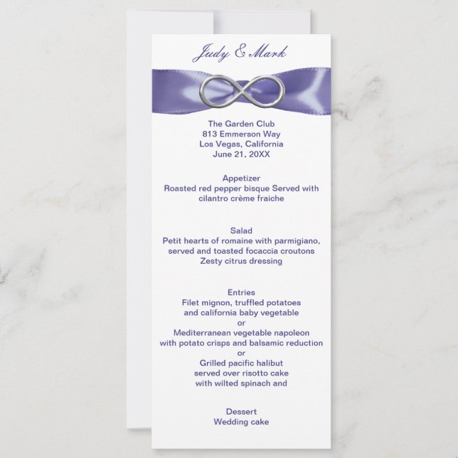 Cartão de Menu de Casamento Infinito Azul Roxo Pra (Frente)