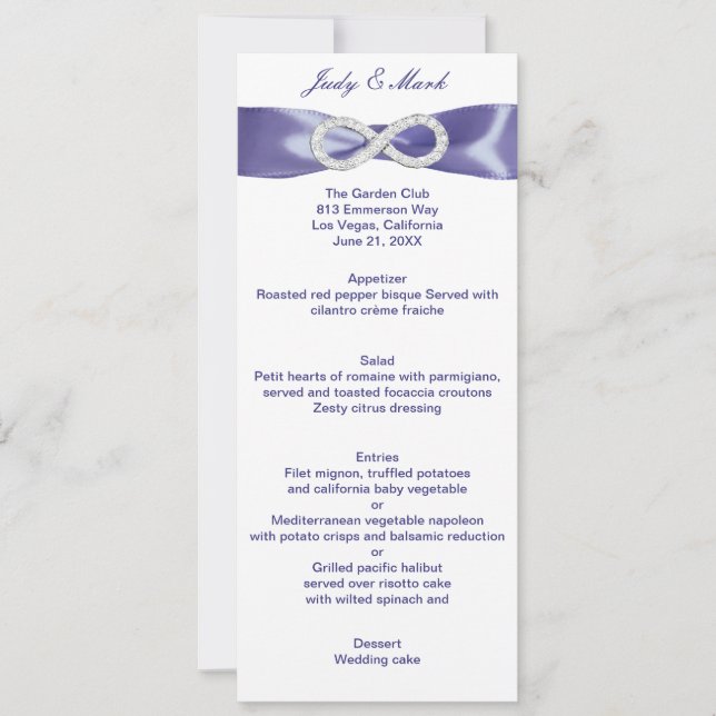 Cartão de Menu de Casamento Infinity Purple Blue D (Frente)