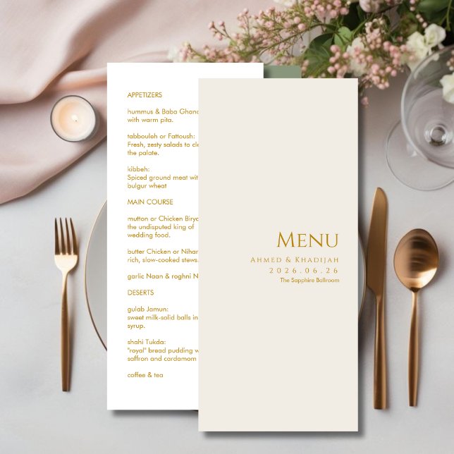 Cartão de Menu de Casamento Islâmico Dourado Elega (Criador carregado)