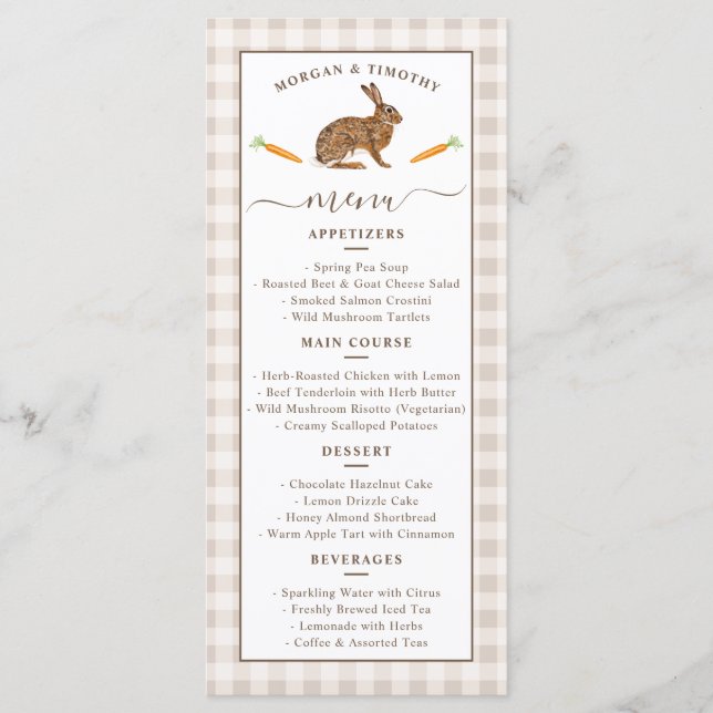 Cartão de Menu de Casamento Lebre da Floresta Bege (Frente)