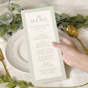 Cartão de Menu de Casamento Listrado em Verde Sage