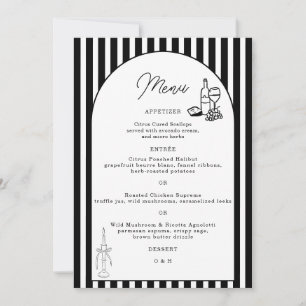 Cartão de Menu de Casamento Listrado Preto e Branc