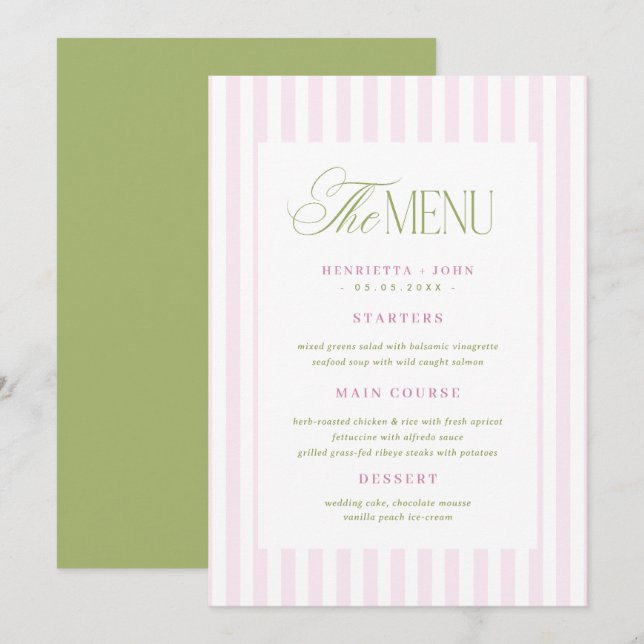 Cartão de Menu de Casamento Listras Rosa Verde Vin (Frente/Verso)