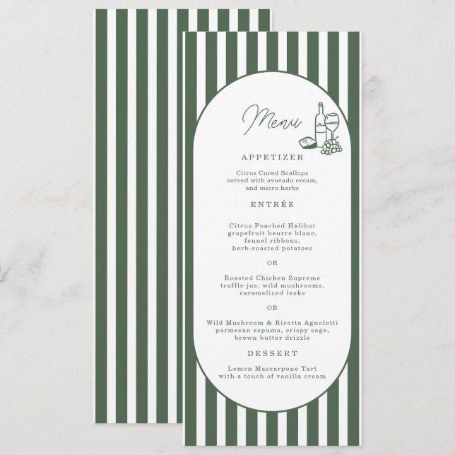 Cartão de Menu de Casamento Longo Cabana Listrada  (Frente/Verso)