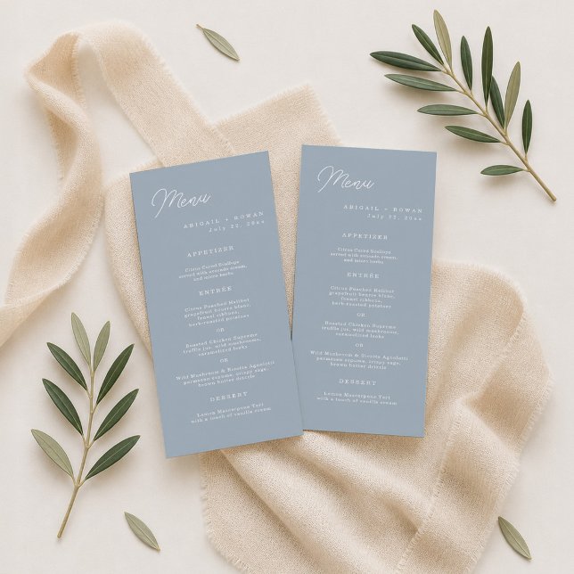 Cartão de Menu de Casamento Longo em Azul Empoeira (Criador carregado)