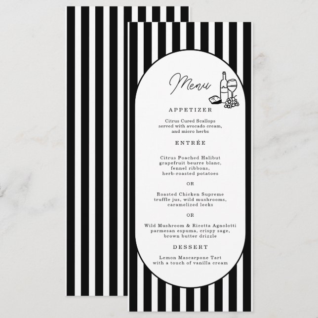 Cartão de Menu de Casamento Longo Listrado Preto e (Frente/Verso)