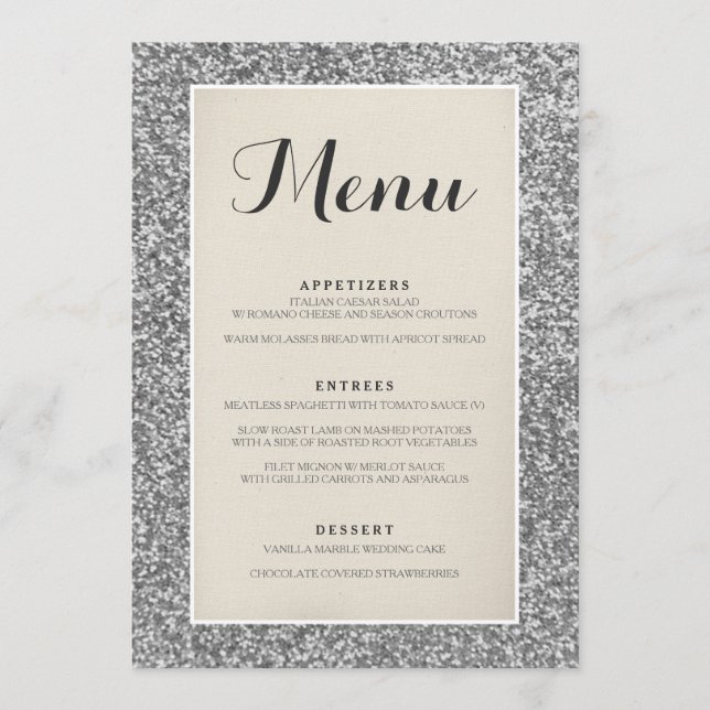 Cartão de Menu de Casamento Luminoso de Prata Eleg (Frente)