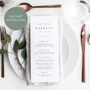 Cartão de Menu de Casamento Mínimo Moderno Imprimí