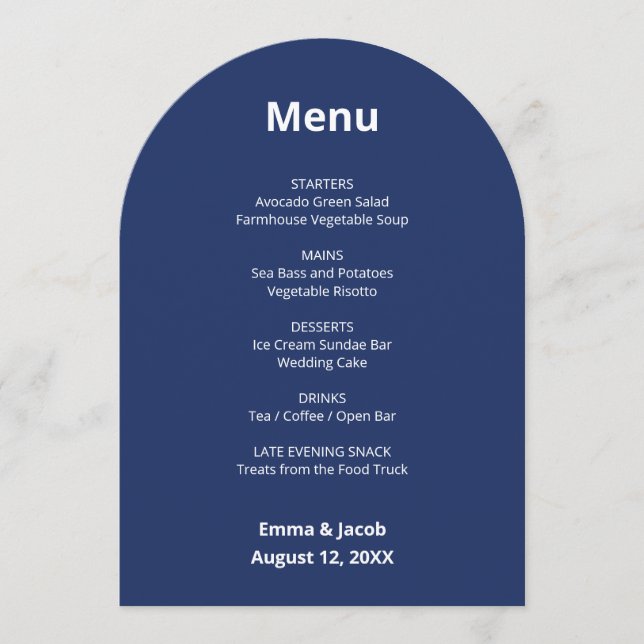 Cartão de Menu de Casamento Moderno Azul-marinho (Frente)