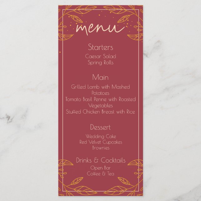 Cartão de Menu de Casamento Moderno Burgundy e Dou (Frente)