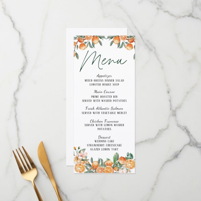 Cartão de Menu de Casamento Moderno Com Citrinos (Frente/Verso In Situ)