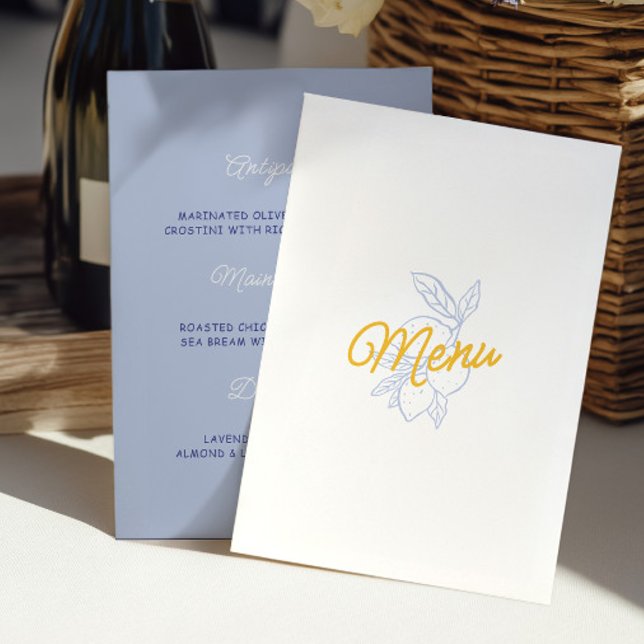 Cartão de Menu de Casamento Moderno com Citrinos A (Modern Yellow & Blue Citrus Wedding Menu Card)