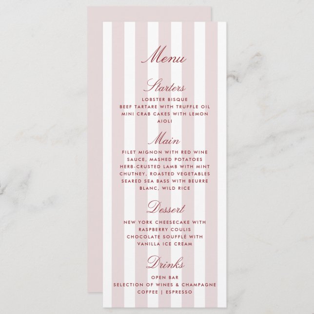 Cartão de Menu de Casamento Moderno de Stripes Ros (Frente/Verso)