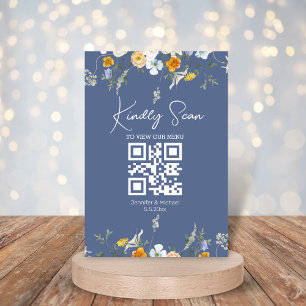 cartão de menu de casamento moderno floral qr code