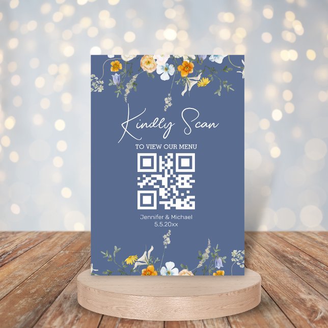cartão de menu de casamento moderno floral qr code (Criador carregado)