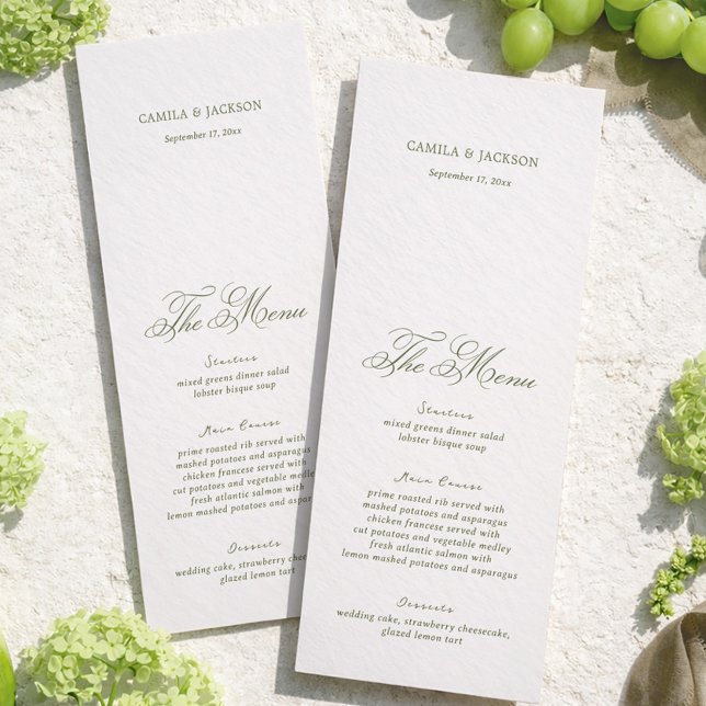 Cartão de Menu de Casamento Moderno Marfim e Verde (Criador carregado)
