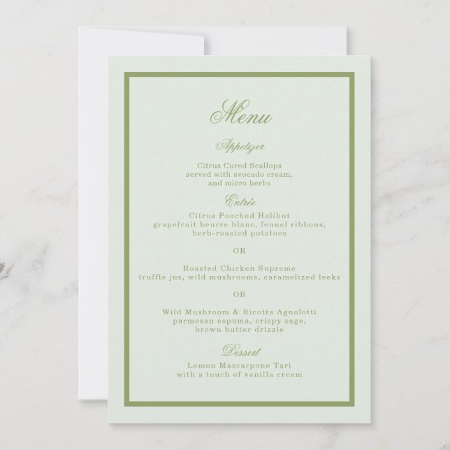 Cartão de Menu de Casamento Moss Green Estate (Frente)