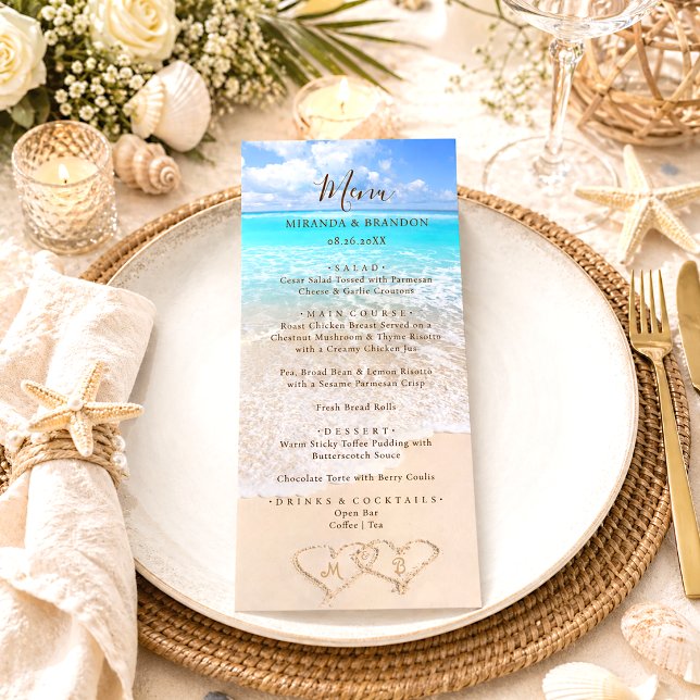 Cartão de Menu de Casamento na Praia Tropical com  (Criador carregado)