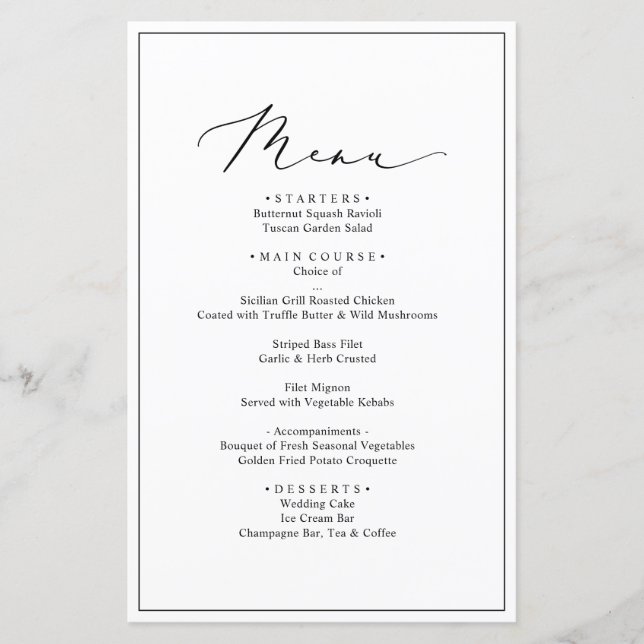 Cartão de Menu de Casamento Negro e Branco Minimal (Frente)