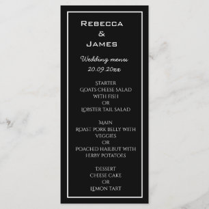 Cartão de Menu de Casamento Negro Minimalista Ele
