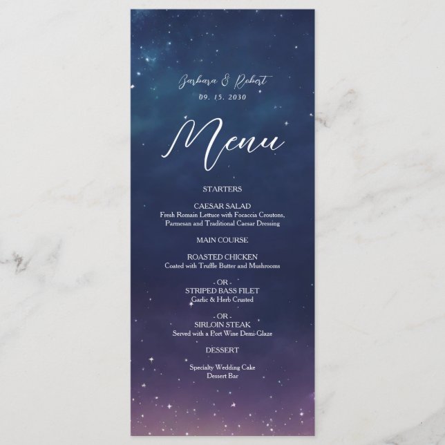 Cartão de Menu de Casamento Noite Estelar Celestia (Frente)