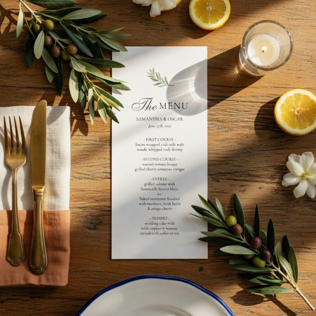 Cartão de Menu de Casamento Olive Branch | Minimal (Criador carregado)