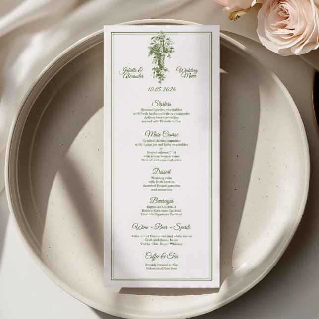 Cartão de Menu de Casamento Olive Green Toile de J (Criador carregado)