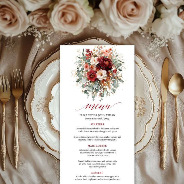 Cartão de Menu de Casamento Outono Borgonha Dourad (Autumn Burgundy Gold Eucalyptus Wedding Menu Card Layout

)