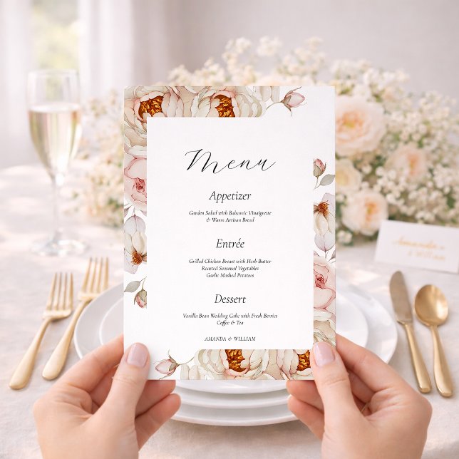 Cartão de Menu de Casamento Peonies in Bloom (Criador carregado)